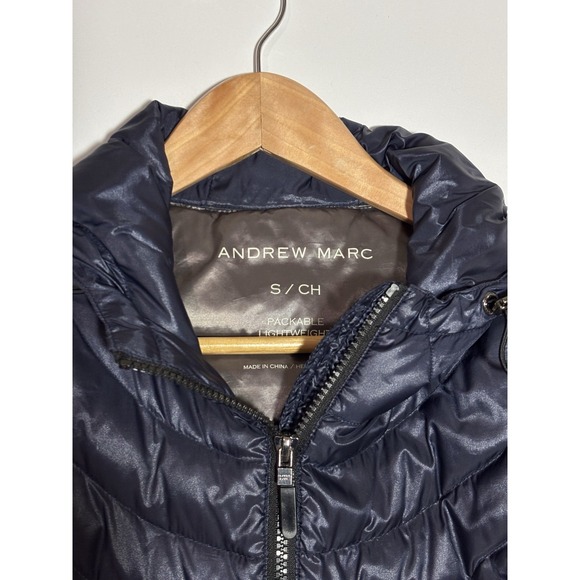 Andrew‎ Marc Premium Down Quilted Packable Navy Hooded Full Zip Puffer Jacket S - Picture 3 of 12